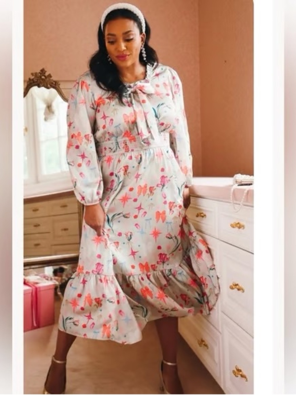 Ivy City Co Mint Pastel Floral Tie-Neck Midi Dress
